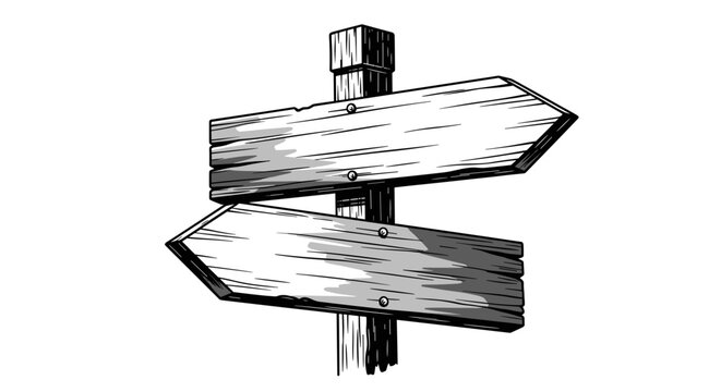 Directional wooden signpost with two blank arrow boards pointing in opposite directions isolated on white background vintage illustration.
