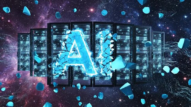 Cyan glowing ai logo forming from exploding fragments in deep space digital background
