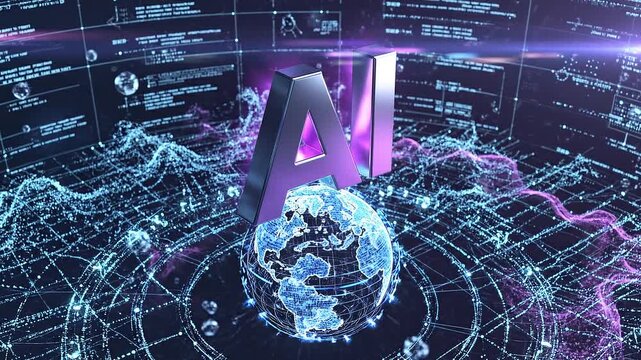 Isometric ai logo rotating above digital earth with glowing purple data hud background effects