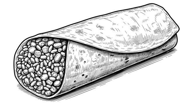 Drawing of a wrapped burrito filled with beans and ingredients, isolated on white background, food illustration.