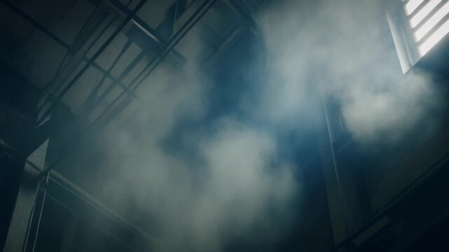 Blue Smoke Rising Inside Industrial Warehouse At Night.