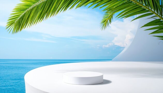 Podio bianco minimalista su sfondo tropicale con foglie di palma, mare azzurro e cielo sereno, ideale per esposizione prodotti estivi.