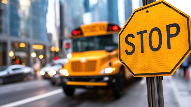 Busy urban street scene featuring a yellow school bus and a stop sign with skyscrapers in background