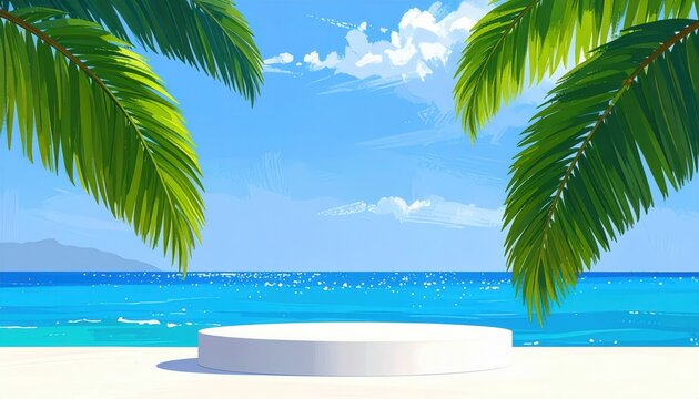 Un podio bianco circolare su una spiaggia tropicale con mare azzurro e palme, ideale per l'esposizione di prodotti estivi o per un messaggio di vacanza.