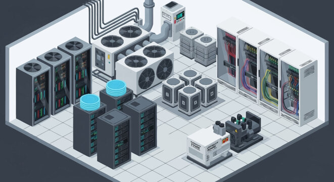 Isometric data center server room infrastructure.