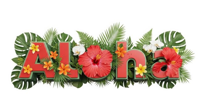 Tropical Aloha text sign with red hibiscus flowers, exotic green palm leaves and monstera foliage, summer vacation greeting with floral elements isolated PNG with Transparent Background