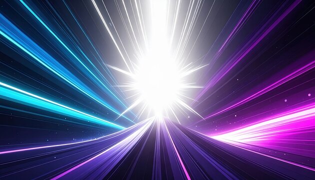 Astratto tunnel di luce digitale con raggi luminosi blu e viola che convergono verso un punto centrale brillante, simboleggiando velocit&agrave; e tecnologia.
