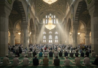 Fototapeta premium Muslim men praying in rows inside a majestic mosque with golden sunlight beams and chandeliers, communal worship during Ramadan with copy space for religious design