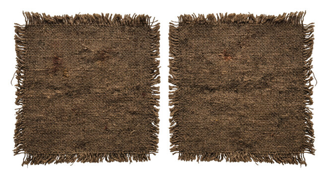 Two square distressed burlap fabric patches with frayed edges