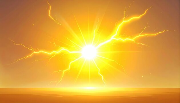 Intenso bagliore dorato con scariche elettriche e raggi luminosi che emanano da un centro energetico su un orizzonte astratto.