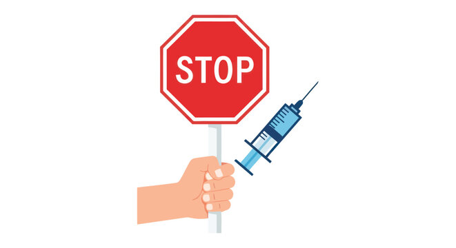 Stop drug abuse concept with hand holding syringe and red stop sign on white background