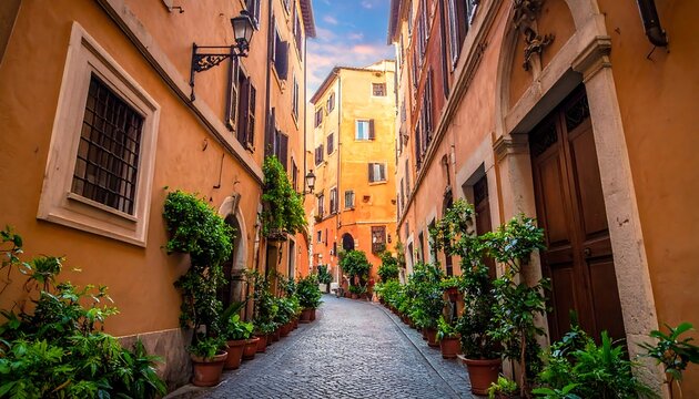 Picturesque European cobblestone street between sunlit buildings with potted plants
