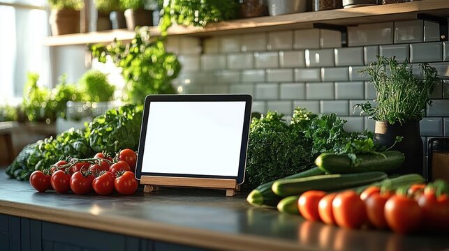 Blank tablet on wooden stand surrounded by fresh tomatoes, cucumbers, leafy greens and potted herbs on a sunlit kitchen countertop, cozy inviting home cooking scene