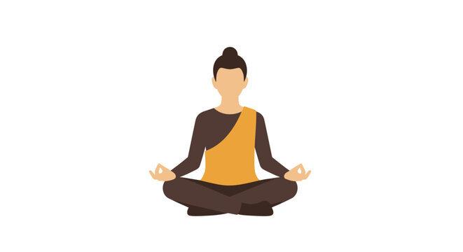 Meditating woman in yoga pose with hands outstretched and eyes closed in orange and brown on white background