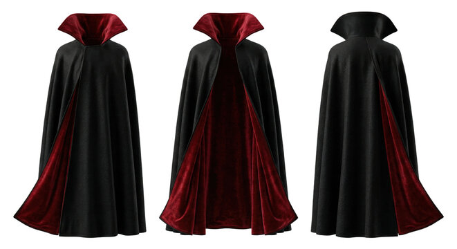 Black vampire cape with red lining in three angles
