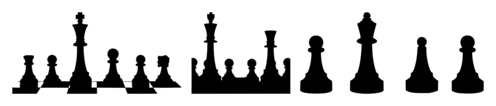 Chess set with black silhouette on white background featuring black pieces, square pattern, classic board with strategy and tactical play