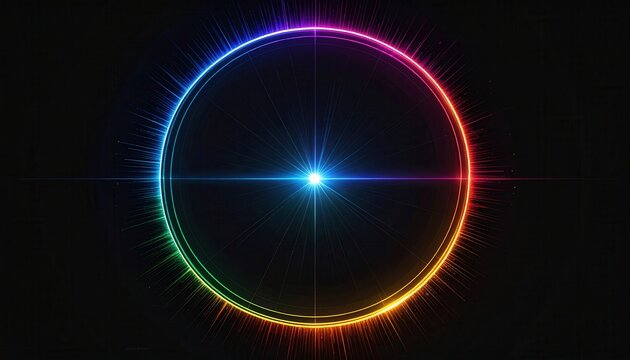 Anello luminoso e colorato con una sorgente di luce centrale su sfondo scuro, creando un effetto astratto e futuristico.