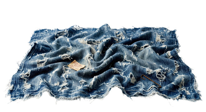 Distressed torn blue denim fabric with a rusty hook