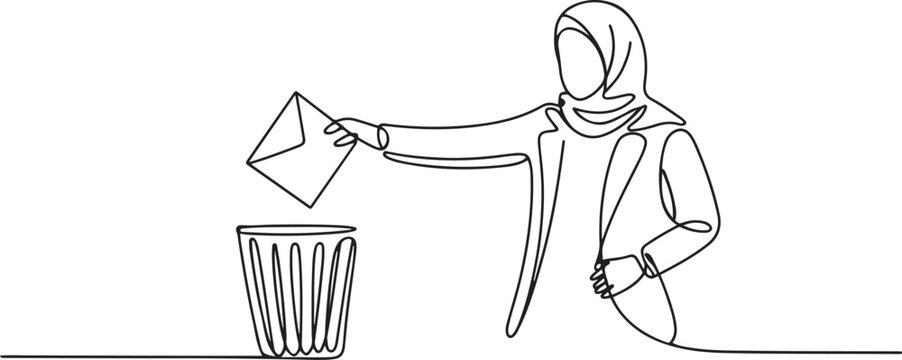 Continuous one line drawing Arab businesswoman throw the large envelope in trash. Delete digital data that is considered unimportant. one line icon drawing vector