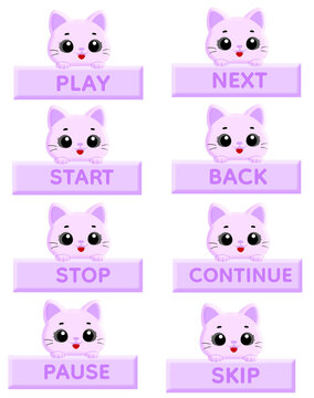 Cute Purple Cat Holding Purple Glossy 3D Game UI Button Set with Play Next Start Back Stop Continue Pause Skip Text,Kawaii Cartoon Style Media Control Interface Elements, Rounded Soft Design Isolated 