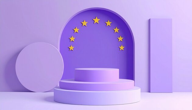 Podio circolare a tre livelli in tonalit&agrave; viola pastello con sfondo ad arco e stelle dorate, ideale per esposizioni di prodotti o celebrazioni di successo.