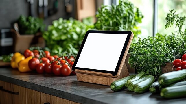 tablet on wooden stand surrounded by fresh tomatoes, yellow peppers, zucchini and green herbs on a sunlit kitchen counter, fresh and inviting