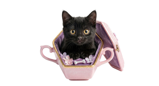 Cute black kitten sitting inside a pink coffin