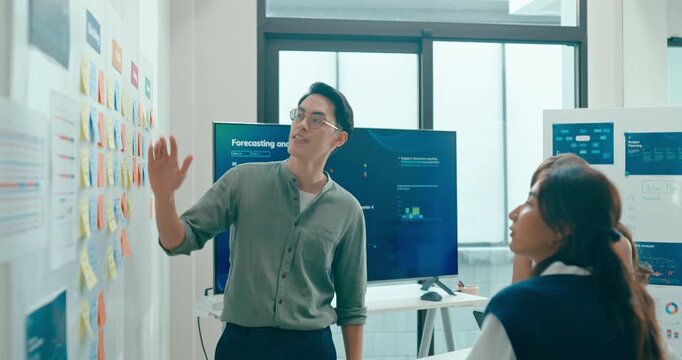 Group of Asian businesspeople work together collaborating and sharing ideas use colorful note on wall in business meeting in office. Financial generation z team brainstorm on e-Commerce project.