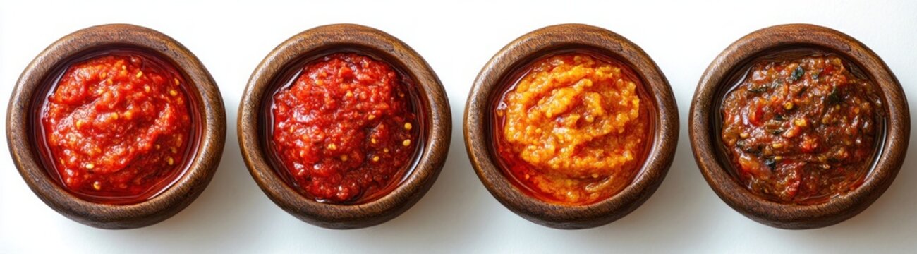 Four wooden bowls lined up on white background filled with vibrant red and orange spicy salsas and sauces, appetizing rustic presentation