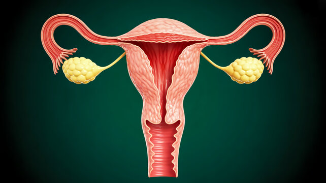 A detailed medical illustration of a human female reproductive system with ovaries and fallopian tubes