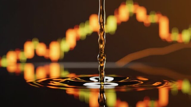 A single drop of crude oil falling in front of a blurred financial stock market candlestick chart.