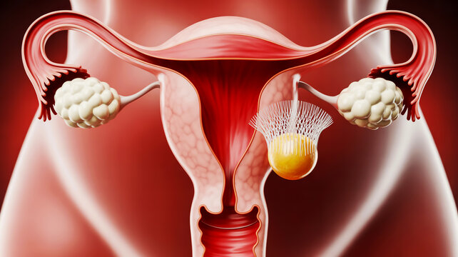Detailed medical illustration of the human female reproductive system showing ovaries, fallopian tubes, and uterus in a healthy anatomical structure.