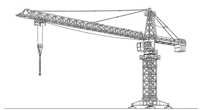 Large construction crane, detailed outline vector illustration on white background, engineering equipment.