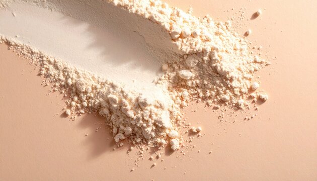 Una spazzolata di cipria compatta beige su sfondo color pesca, texture di polvere fine.
