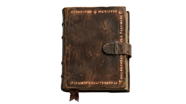 Ancient leather spellbook with glowing mystical runes