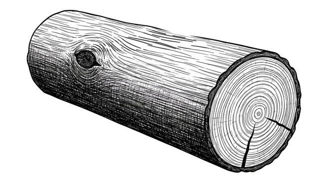 Log of wood in sketch style. wood texture of cross section and tree rings. isolated on white background.