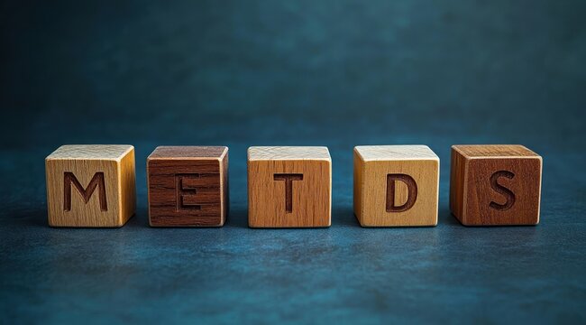 five engraved wooden letter blocks reading m e t d s on a blue textured surface with warm lighting, calm and contemplative mood