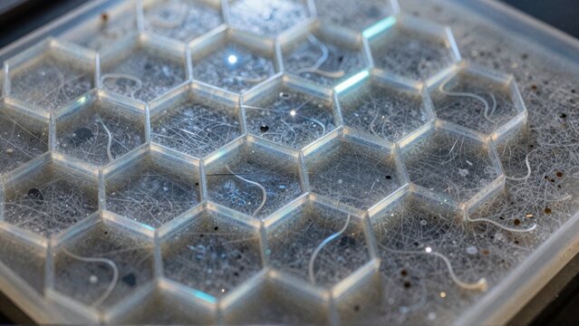 Closeup of hexagonal pattern with tiny particles on surface