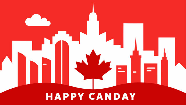 Happy canada day celebration with city skyline and maple leaf
