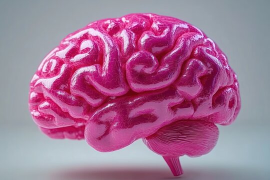 glossy pink human brain model with cerebellum and brainstem floating on soft gray background, playful and surreal