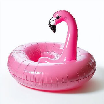 shiny pink inflatable flamingo pool float on white background, playful cheerful summer vibe