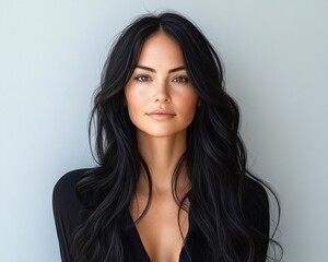 Naklejka premium Mysterious portrait of a person with long wavy black hair, blurred face, wearing a low-cut black top against a pale neutral background, calm confident posture