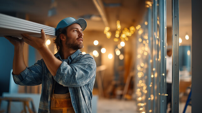 Drywall installer skillfully elevates gypsum board sheet in a busy renovation space with warm lighting Generative AI