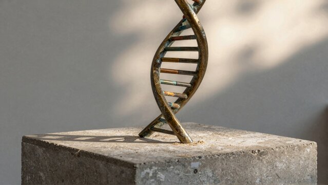 Metal double helix sculpture on concrete block