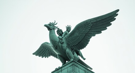 Fototapeta premium Mythic Bronze Statue of a Deity Riding a Giant Bird with Wings Spread High, Low Angle Professional Architectural for Historical Tourism and Travel Portfolios