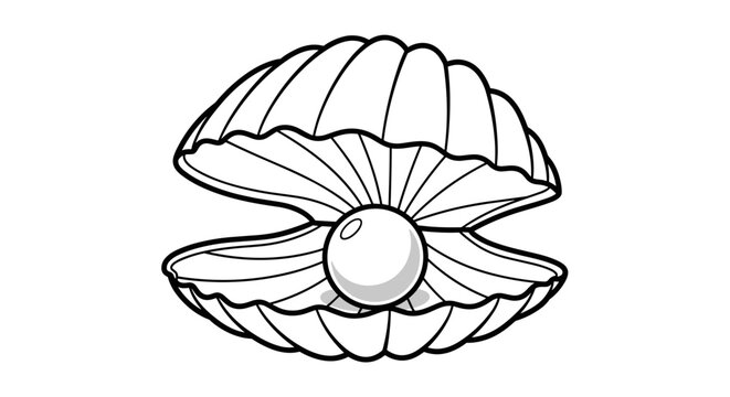 Open seashell with beautiful pearl inside drawing marine shell ocean treasure jewelry symbol isolated on white background.
