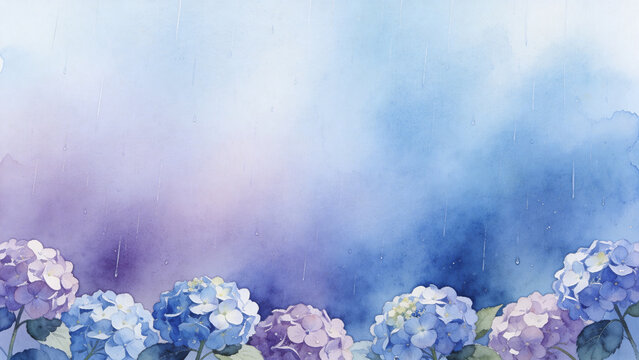 Hydrangea with rainy watercolor gradient background and copy space