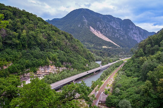 Highway road through a mountain gorge to Rosa Khutor, Krasnodar region of Russia