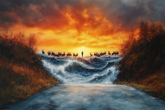 lone figure and herd of deer silhouetted atop a towering wall of ocean waves between grassy banks and trees under a fiery sunset with wet road reflection in foreground, surreal awe