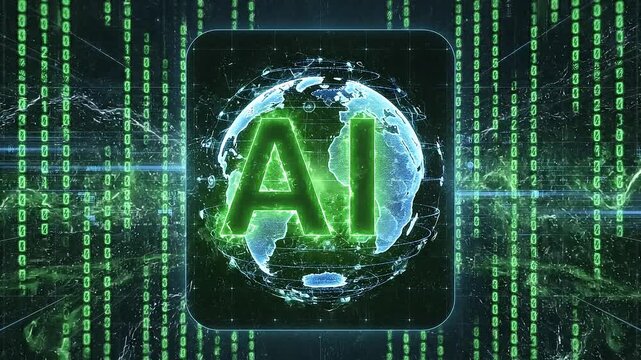 Dynamic animated ai logo evolving in futuristic glowing green matrix digital background with neon